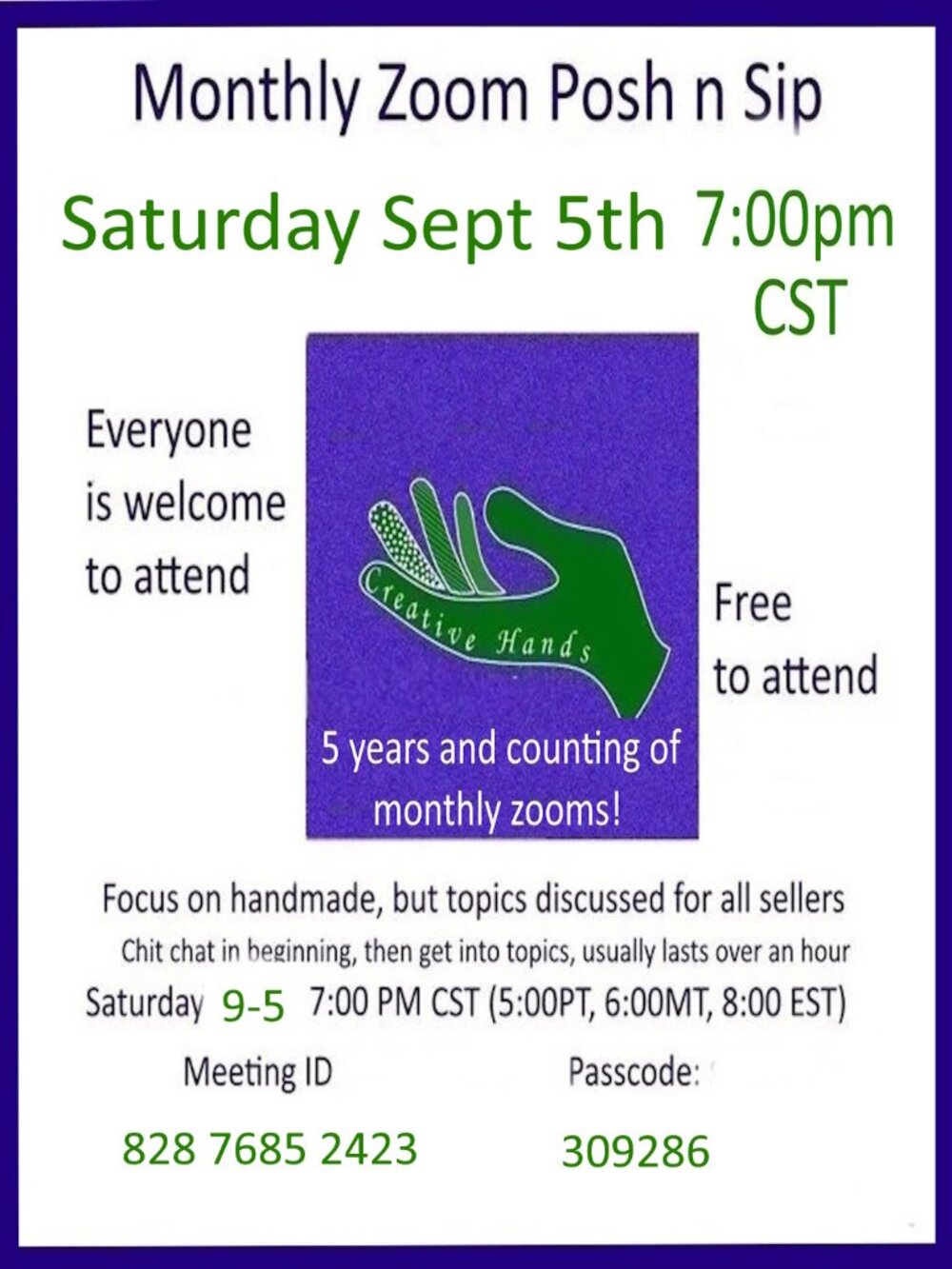 Saturday 9-5 Posh N Sip Creative Hands Monthly Zoom Everyone Welcome FREE